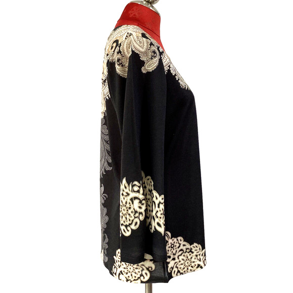 Chico’s Sz 1 (M-8) Casual Tunic Top Black Beige Rhinestone Embellished Neckline - Picture 6 of 7